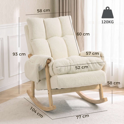 Rocking Chair with 2 Side Pockets and Rubberwood Legs, Cream White, Snow Flannel