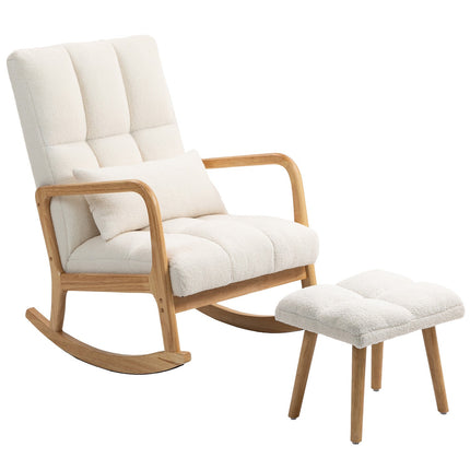 Rocking Chair with Ottoman, Fleece Cover, High Back, Wood Legs