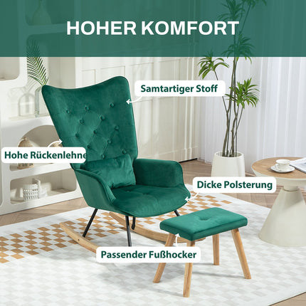 Grüner Samt-Ohrensessel mit Hocker und Kissen