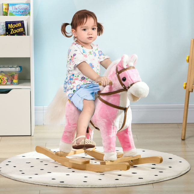 Rosa Plüsch-Schaukelpferd mit Sound – 3-6 Jahre, Holzsockel