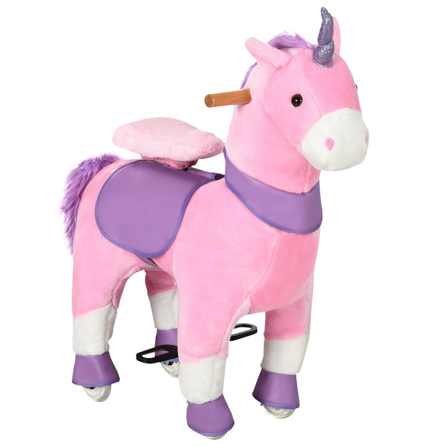 Schaukeleinhorn mit gepolstertem Sattel, 4 Rädern, pink