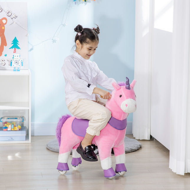 Schaukeleinhorn mit gepolstertem Sattel, 4 Rädern, pink
