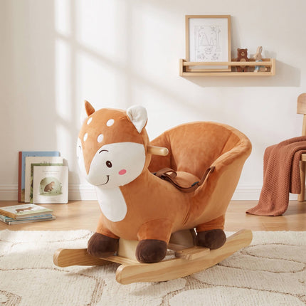 Rocking Horse in Deer Design with Animal Sounds, 3-Point Safety Belt, Brown