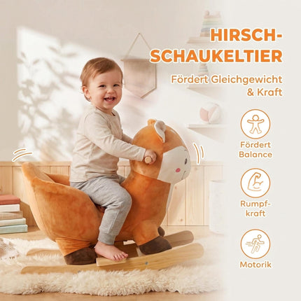 Rocking Horse in Deer Design with Animal Sounds, 3-Point Safety Belt, Brown