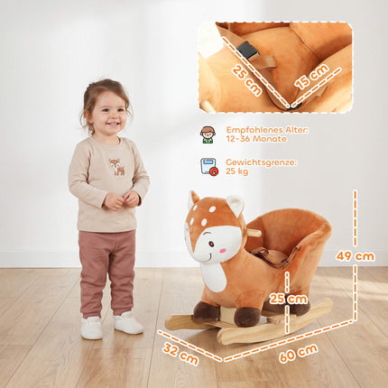 Rocking Horse in Deer Design with Animal Sounds, 3-Point Safety Belt, Brown