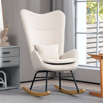 Fauteuil à bascule, fauteuil, chaise d'allaitement aspect velours, fauteuil à bascule avec une capacité de charge jusqu'à 120 kg pour chambres, salons, blanc crème