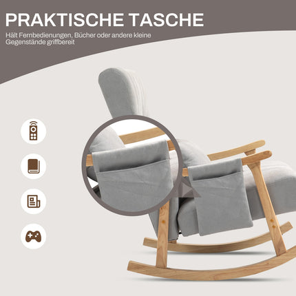 Grauer gepolsterter Schaukelstuhl mit Lendenwirbelstütze und Seitentasche