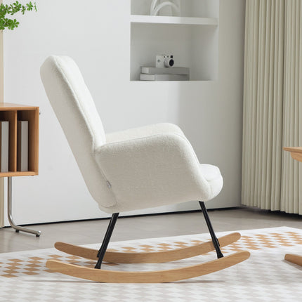 White padded rocking chair with armrests, wooden base