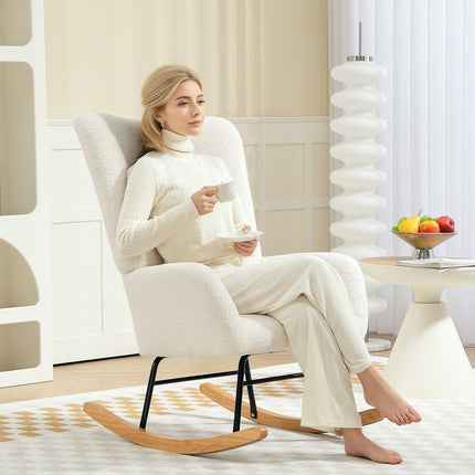 Rocking chair in creamy white velvet with wooden runners