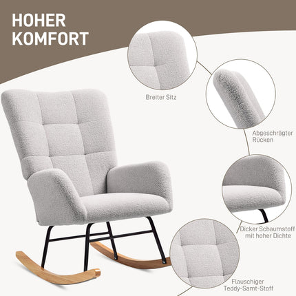Schommelstoel, schommelstoel met armleuningen, teddy fluwelen look, relaxstoel met houten lopers, schommelstoel, verpleegstoel voor slaapkamer, woonkamer, lichtgrijs
