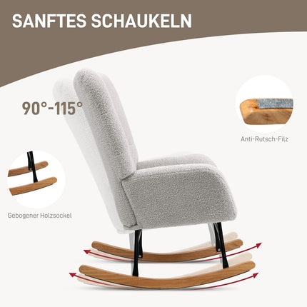 Schommelstoel, schommelstoel met armleuningen, teddy fluwelen look, relaxstoel met houten lopers, schommelstoel, verpleegstoel voor slaapkamer, woonkamer, lichtgrijs