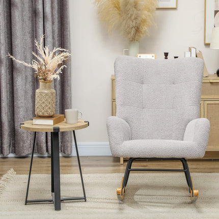 Schommelstoel, schommelstoel met armleuningen, teddy fluwelen look, relaxstoel met houten lopers, schommelstoel, verpleegstoel voor slaapkamer, woonkamer, lichtgrijs