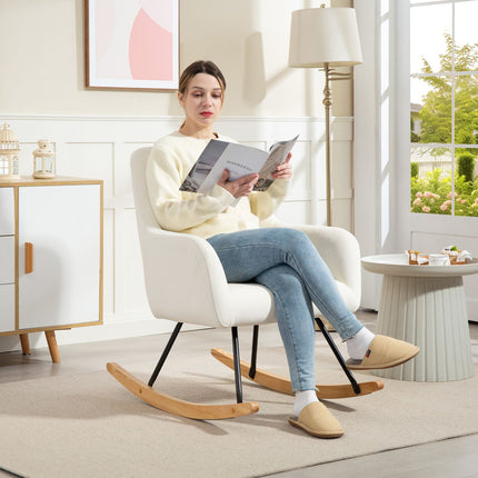 Rocking chair in cream white velvet look with armrests