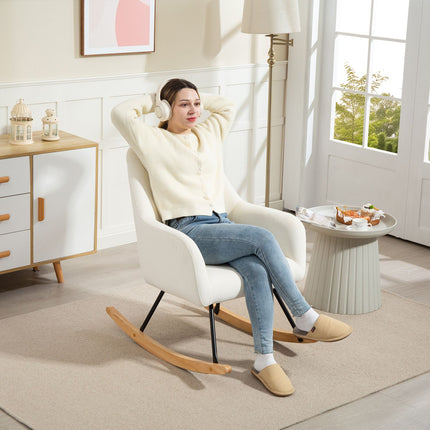 Rocking chair in cream white velvet look with armrests
