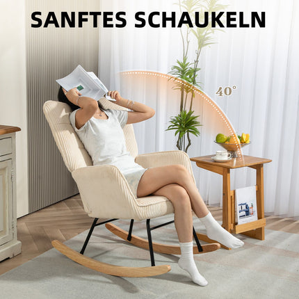 Beiger, entspannender Schaukelstuhl mit Holzkufe