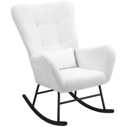 Fauteuil à bascule, fauteuil à bascule avec tissu aspect peluche, accoudoir, fauteuil d'allaitement avec patins en bois, coussin lombaire, fauteuil de relaxation avec poche latérale pour salon, chambre, blanc