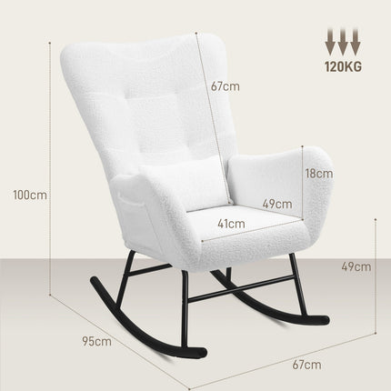 Fauteuil à bascule, fauteuil à bascule avec tissu aspect peluche, accoudoir, fauteuil d'allaitement avec patins en bois, coussin lombaire, fauteuil de relaxation avec poche latérale pour salon, chambre, blanc