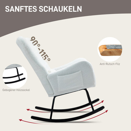 Fauteuil à bascule, fauteuil à bascule avec tissu aspect peluche, accoudoir, fauteuil d'allaitement avec patins en bois, coussin lombaire, fauteuil de relaxation avec poche latérale pour salon, chambre, blanc