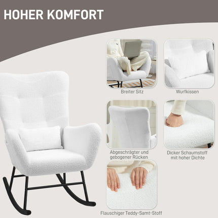Fauteuil à bascule, fauteuil à bascule avec tissu aspect peluche, accoudoir, fauteuil d'allaitement avec patins en bois, coussin lombaire, fauteuil de relaxation avec poche latérale pour salon, chambre, blanc