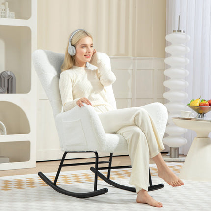 Fauteuil à bascule, fauteuil à bascule avec tissu aspect peluche, accoudoir, fauteuil d'allaitement avec patins en bois, coussin lombaire, fauteuil de relaxation avec poche latérale pour salon, chambre, blanc