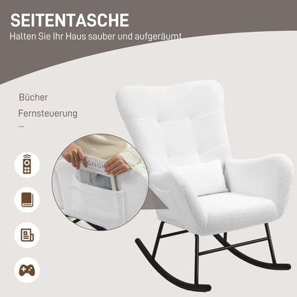 Fauteuil à bascule, fauteuil à bascule avec tissu aspect peluche, accoudoir, fauteuil d'allaitement avec patins en bois, coussin lombaire, fauteuil de relaxation avec poche latérale pour salon, chambre, blanc