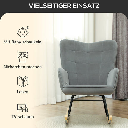 Dunkelgrauer Schaukelstuhl in Samtoptik mit Armlehnen