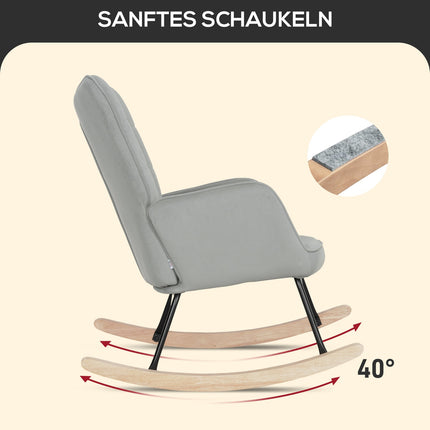 Hellgrauer Schaukelstuhl in Samtoptik mit Holzkufen