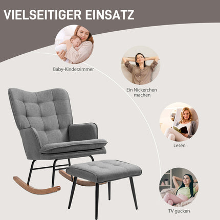 Schaukelstuhl mit Hocker – Leinenoptik, 130 kg Tragkraft