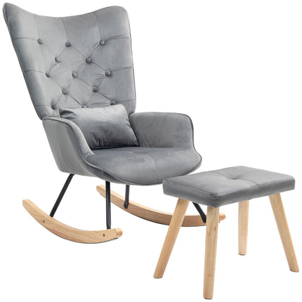Fauteuil à bascule avec tabouret, fauteuil de relaxation avec coussin, aspect velours, fauteuil à oreilles avec pieds en bois pour chambre, salon, 66 x 96 x 101 cm, gris foncé