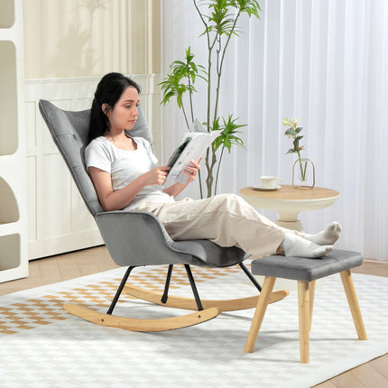 Fauteuil à bascule avec tabouret, fauteuil de relaxation avec coussin, aspect velours, fauteuil à oreilles avec pieds en bois pour chambre, salon, 66 x 96 x 101 cm, gris foncé