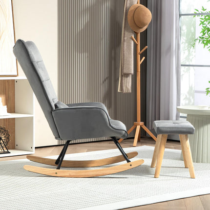 Fauteuil à bascule avec tabouret, fauteuil de relaxation avec coussin, aspect velours, fauteuil à oreilles avec pieds en bois pour chambre, salon, 66 x 96 x 101 cm, gris foncé