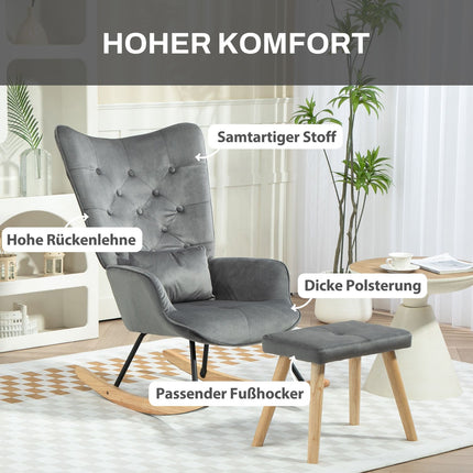 Fauteuil à bascule avec tabouret, fauteuil de relaxation avec coussin, aspect velours, fauteuil à oreilles avec pieds en bois pour chambre, salon, 66 x 96 x 101 cm, gris foncé