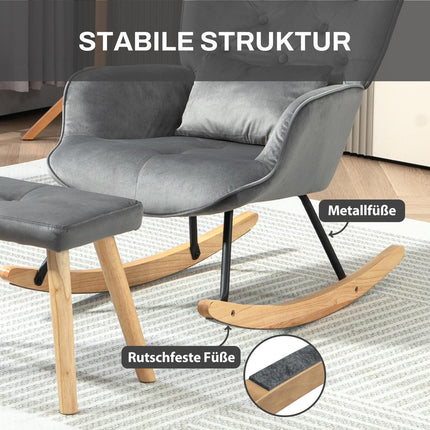Fauteuil à bascule avec tabouret, fauteuil de relaxation avec coussin, aspect velours, fauteuil à oreilles avec pieds en bois pour chambre, salon, 66 x 96 x 101 cm, gris foncé