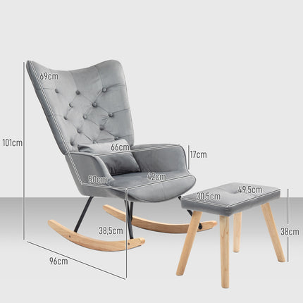 Fauteuil à bascule avec tabouret, fauteuil de relaxation avec coussin, aspect velours, fauteuil à oreilles avec pieds en bois pour chambre, salon, 66 x 96 x 101 cm, gris foncé