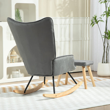 Fauteuil à bascule avec tabouret, fauteuil de relaxation avec coussin, aspect velours, fauteuil à oreilles avec pieds en bois pour chambre, salon, 66 x 96 x 101 cm, gris foncé