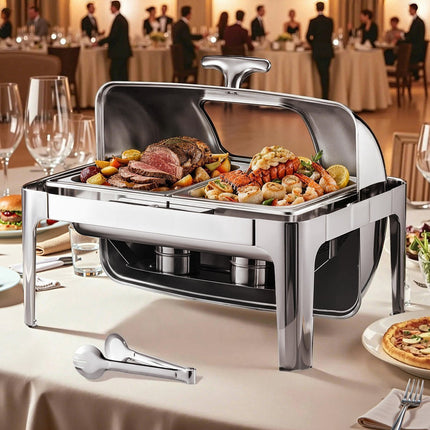 Roll Top Chafing Dish Set, 9 Qt, Stainless Steel, 2 Pans