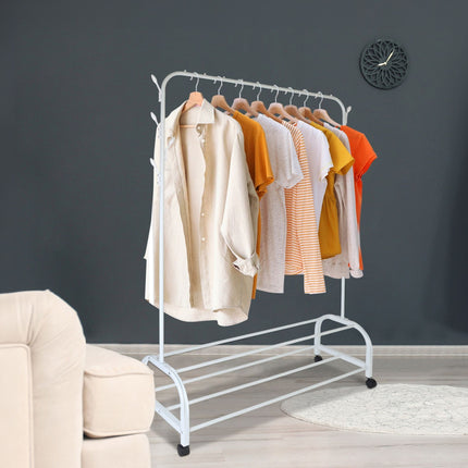 Rollable Iron Clothing Rack with 2 Shelves and Hooks