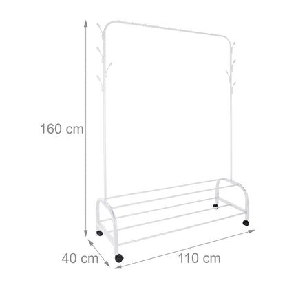 Rollable Iron Clothing Rack with 2 Shelves and Hooks