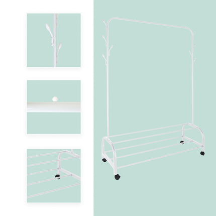 Rollable Iron Clothing Rack with 2 Shelves and Hooks