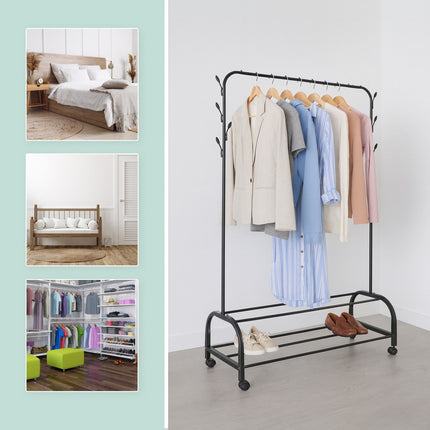 Rollable Iron Clothing Rack with 2 Shelves and Hooks