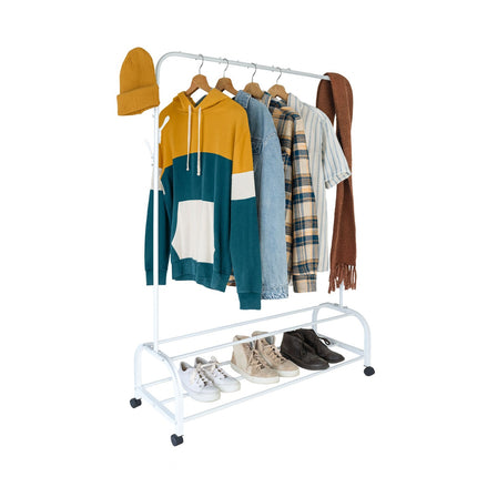 Rollable Iron Clothing Rack with 2 Shelves and Hooks