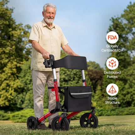 Rollator Walker With Seat, 3-Fold Aluminum, 300 lb