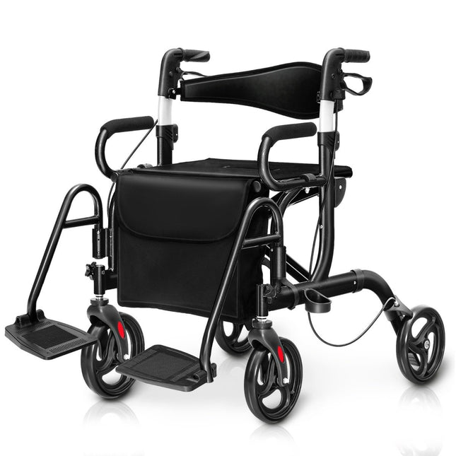 Rollator faltbar und leicht mit Sitz 2 in 1 Rollstuhl &amp; Reiserollator Gehhilfe 6-fach höhenverstellbar