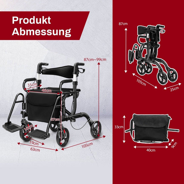 Rollator faltbar und leicht mit Sitz 2 in 1 Rollstuhl &amp; Reiserollator Gehhilfe 6-fach höhenverstellbar