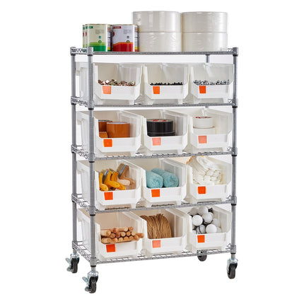 Rolling Bin Storage Rack, 5-Tier, 12 Bins, Wheels