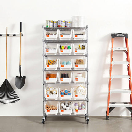 Rolling Bin Storage Rack, 7-Tier, 18 Bins, Steel, Wheels