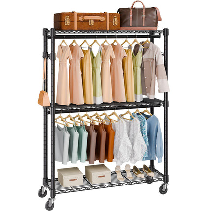 Rolling Clothes Rack, 2 Rods, 3 Tiers, Adjustable Height, 400 lb