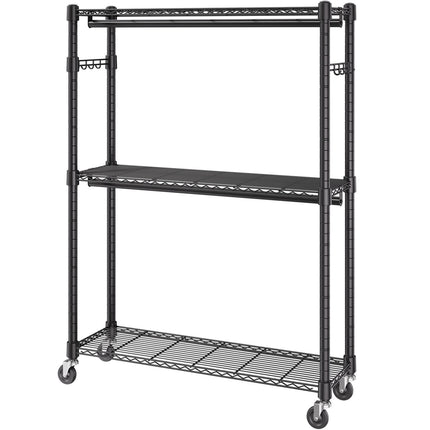 Rolling Clothes Rack, 2 Rods, 3 Tiers, Adjustable Height, 400 lb