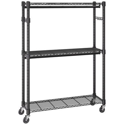 Rolling Clothes Rack, 2 Rods, 3 Tiers, Adjustable Height, 400 lb