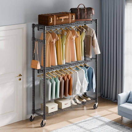 Rolling Clothes Rack, 2 Rods, 3 Tiers, Adjustable Height, 400 lb